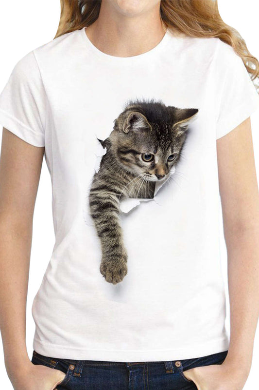 Iyasson Cute Cat Print T-shirt In White