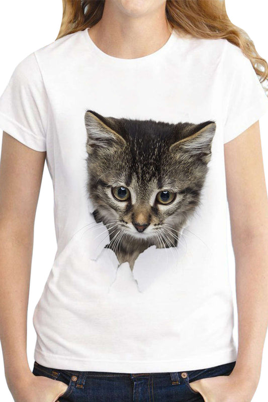 Iyasson Cute Cat Print T-shirt In White