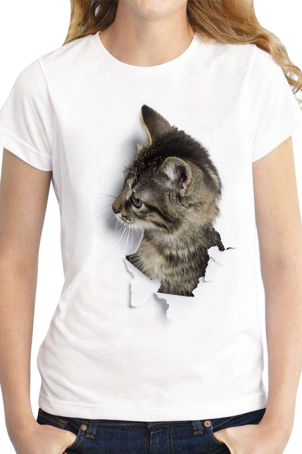 Iyasson Cute Cat Print T-shirt In White