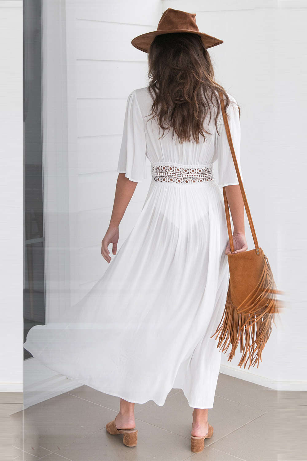 Iyasson White Crochet Trim Maxi Cover Up