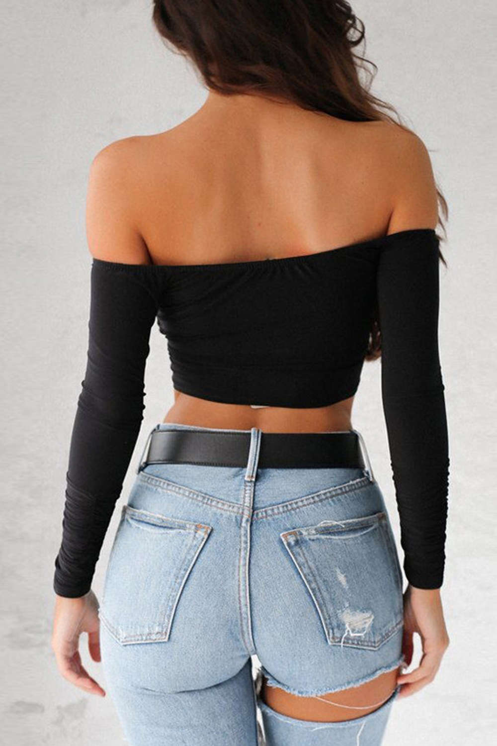 Iyasson Off The Shoulder Wrap Long Sleeve Crop Top