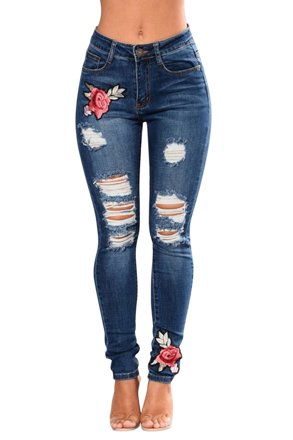 Iyasson Rose Embroidered Ripped Skinny Jeans