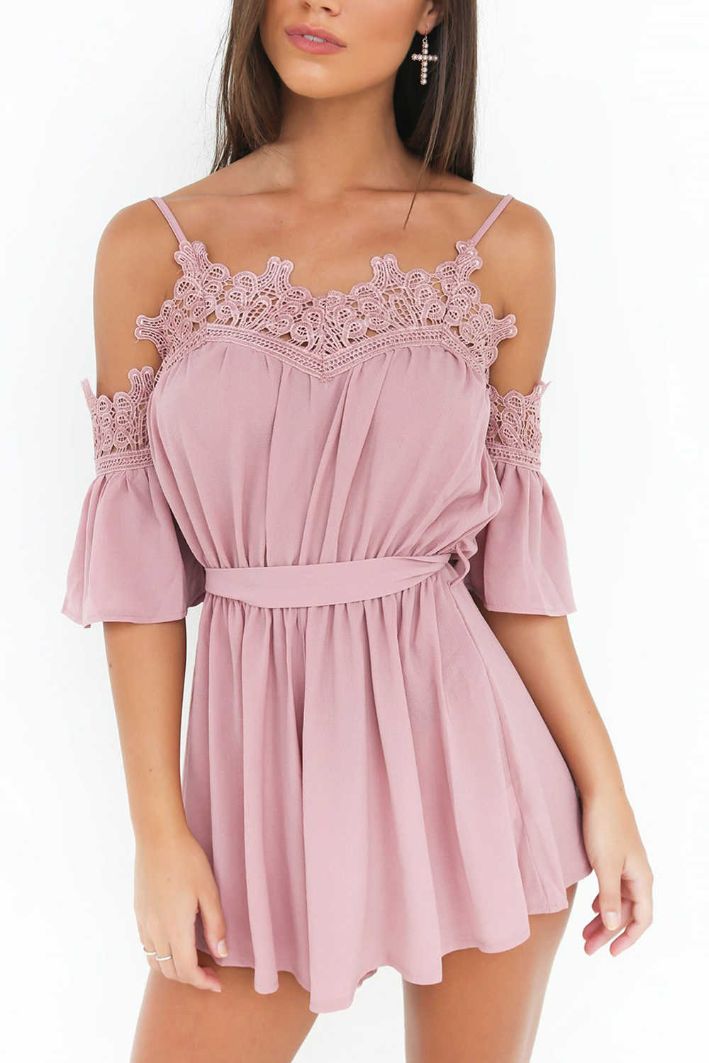 Iyasson Sexy Cold Shoulder Lace Trim Romper