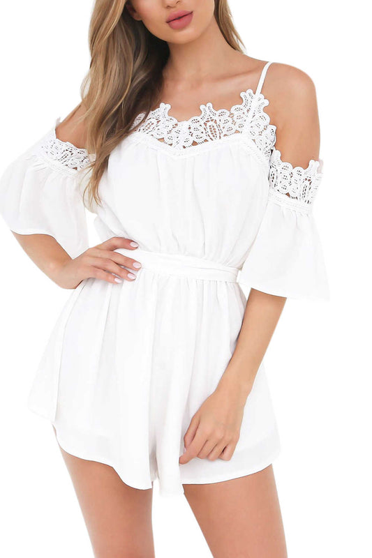 Iyasson Sexy Cold Shoulder Lace Trim Romper