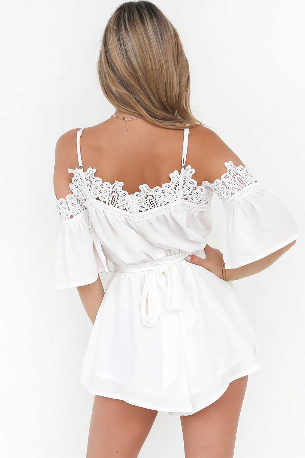 Iyasson Sexy Cold Shoulder Lace Trim Romper