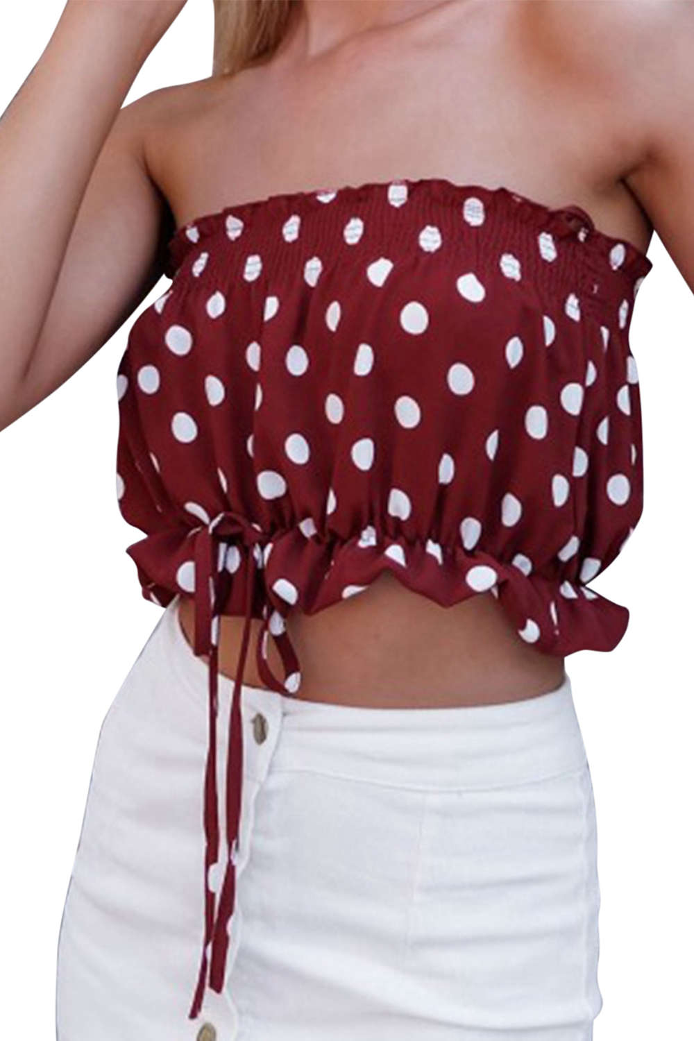 Iyasson Frill Trim Drawstring Polka Dot Tube Top