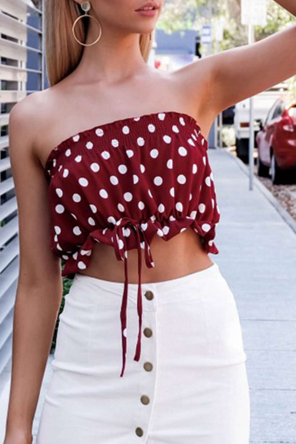 Iyasson Frill Trim Drawstring Polka Dot Tube Top