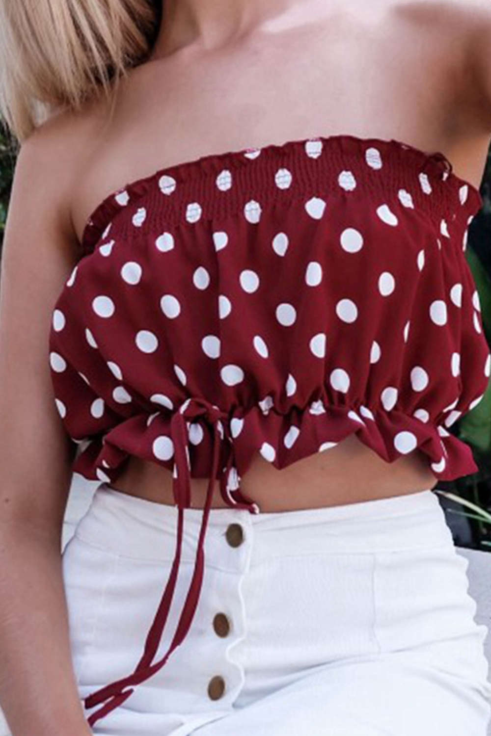 Iyasson Frill Trim Drawstring Polka Dot Tube Top