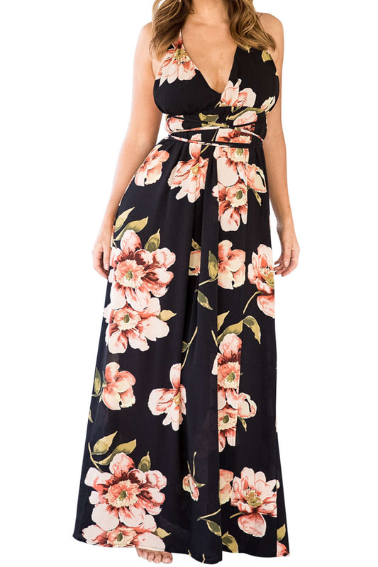 Iyasson Floral V Neck Backless Maxi Dress