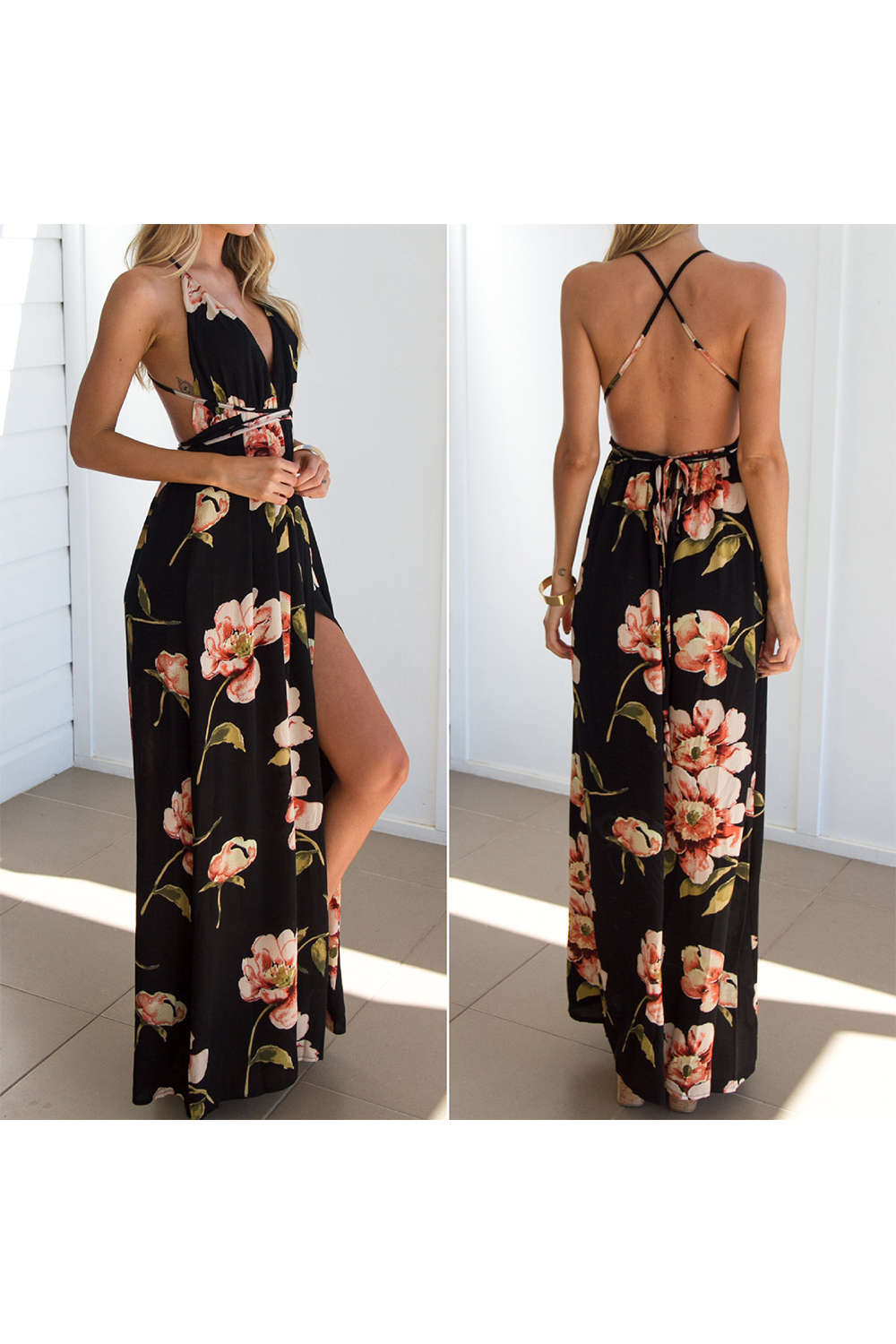 Iyasson Floral V Neck Backless Maxi Dress
