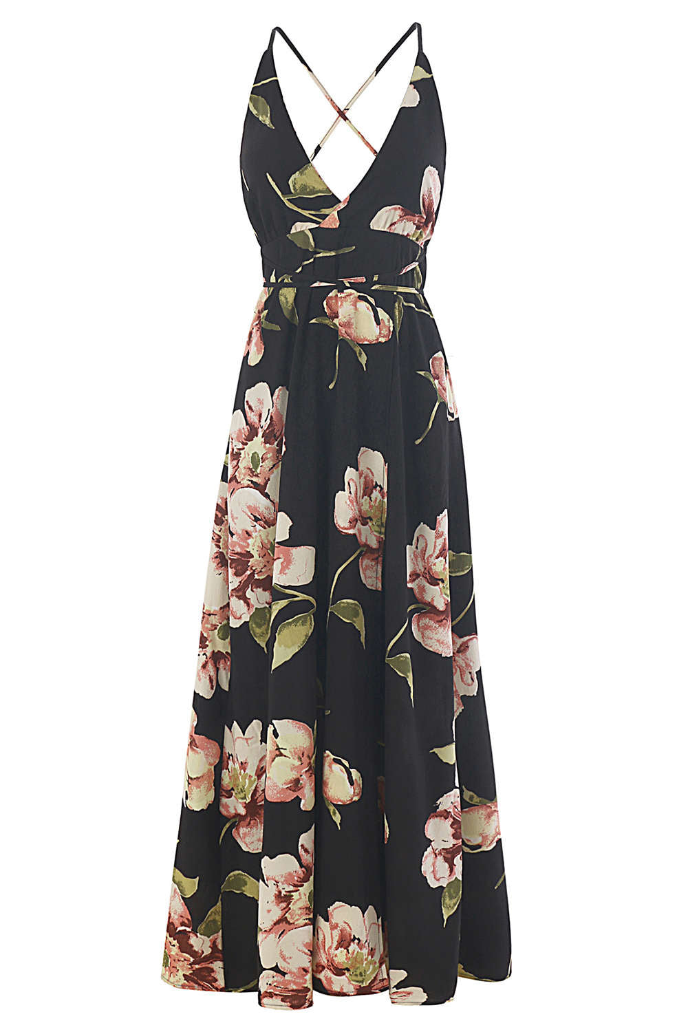 Iyasson Floral V Neck Backless Maxi Dress