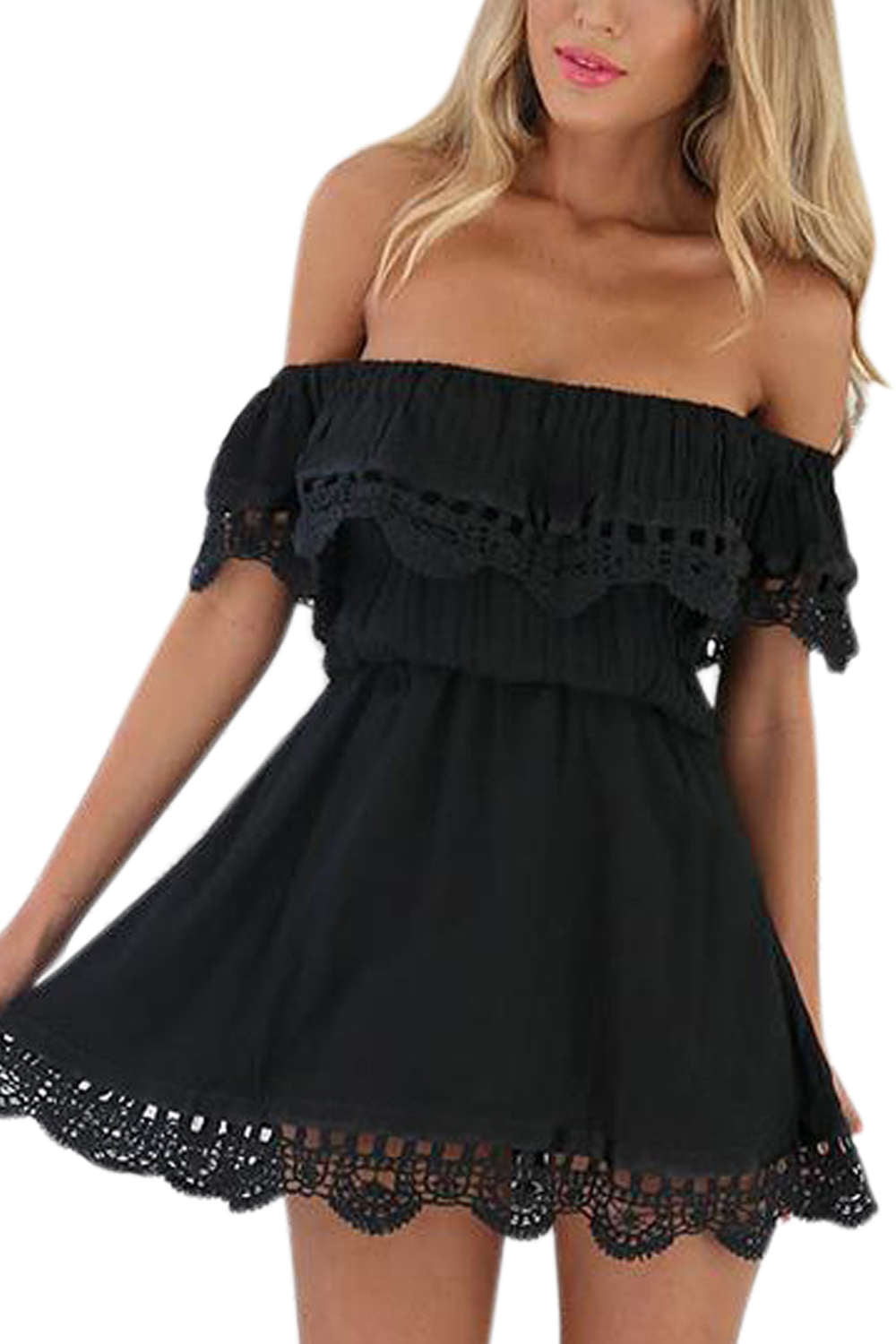 Iyasson Lace Off Shoulder Mini Casual Dress