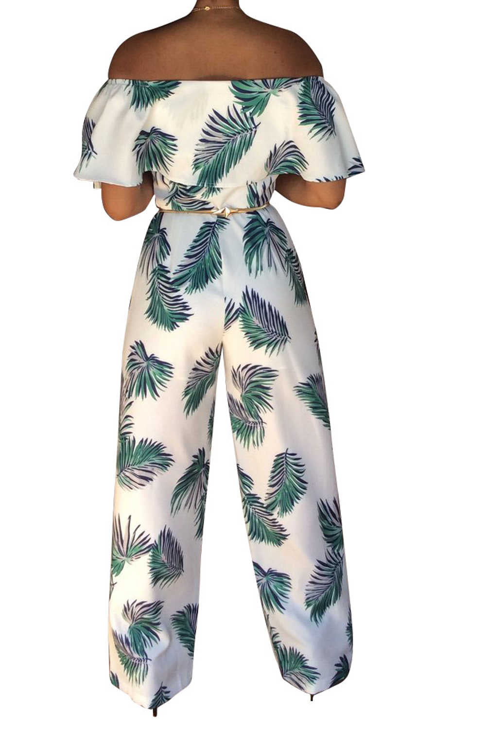 Iyasson Fashion Print Frilled Off Shoulder Flared Jumpsuit