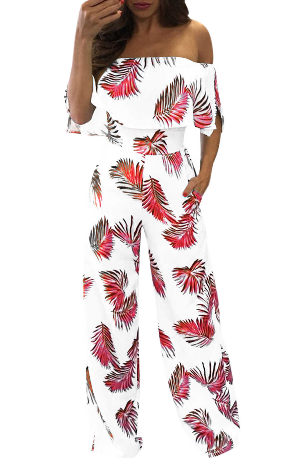 Iyasson Fashion Print Frilled Off Shoulder Flared Jumpsuit