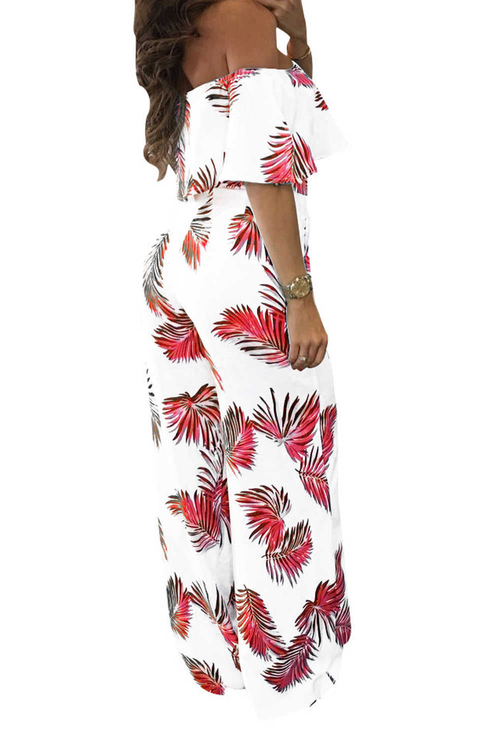 Iyasson Fashion Print Frilled Off Shoulder Flared Jumpsuit