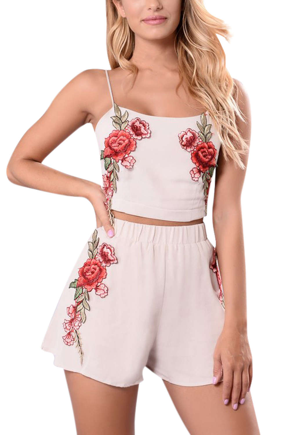 Iyasson Floral Embroidered Sexy Sling Slim Shorts Set
