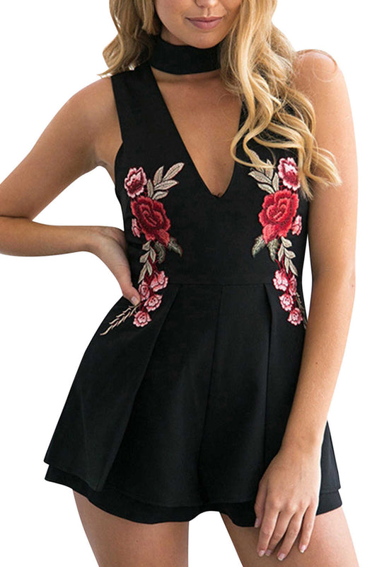 Iyasson Women V-neck Sleeveless Rose Embroidery Rompers