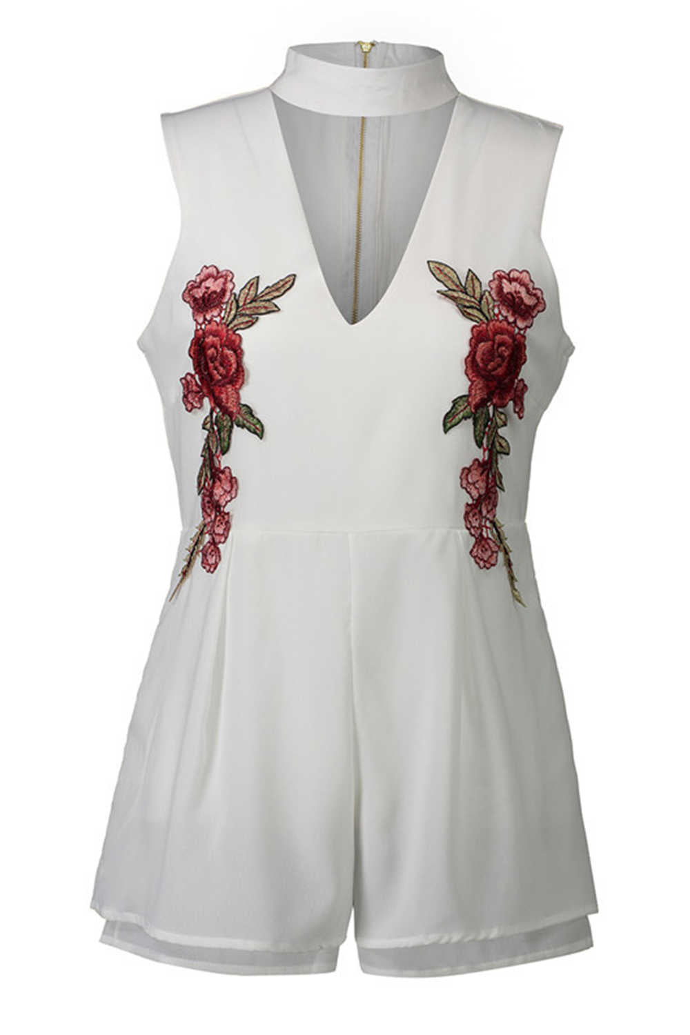Iyasson Women V-neck Sleeveless Rose Embroidery Rompers