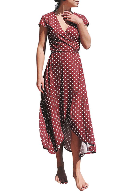 Iyasson Vintage Cross V-neck Polka Dots Wrap Dress