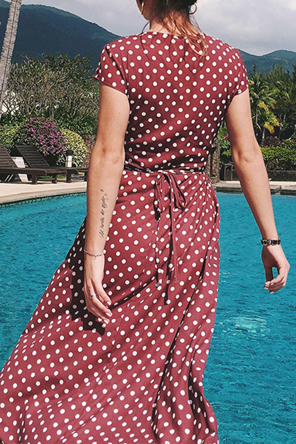 Iyasson Vintage Cross V-neck Polka Dots Wrap Dress