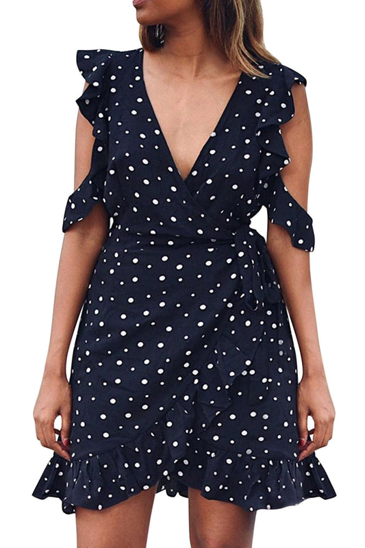 Iyasson Women V-neck Ruffle Polka Dots Wrap Mini Dress