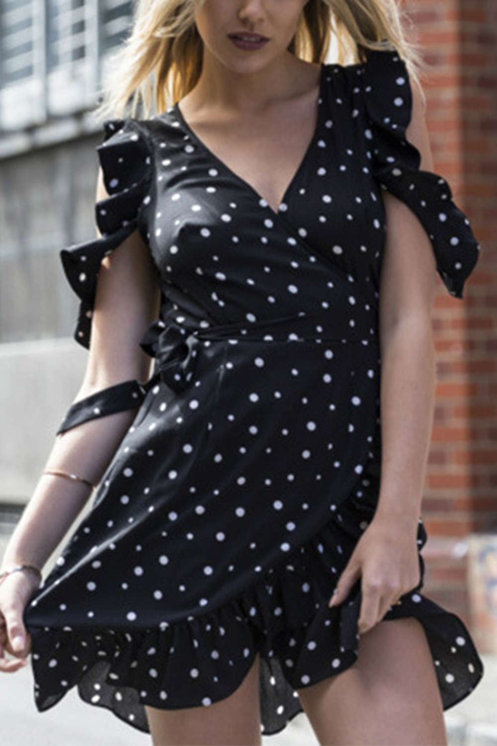 Iyasson Women V-neck Ruffle Polka Dots Wrap Mini Dress