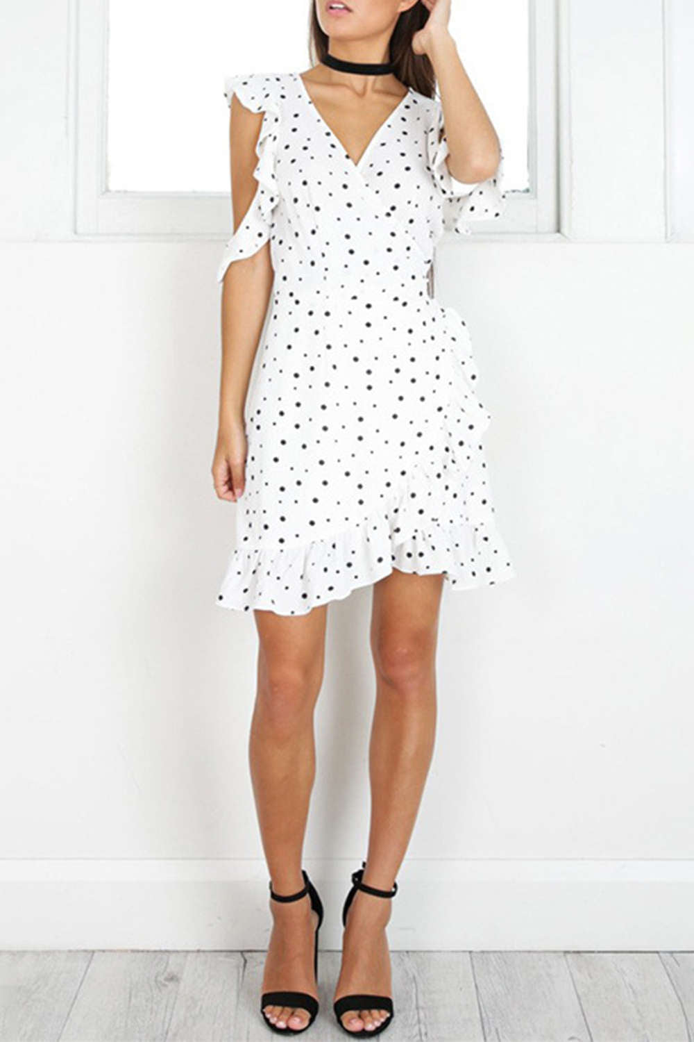 Iyasson Women V-neck Ruffle Polka Dots Wrap Mini Dress