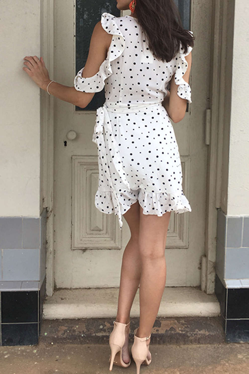 Iyasson Women V-neck Ruffle Polka Dots Wrap Mini Dress