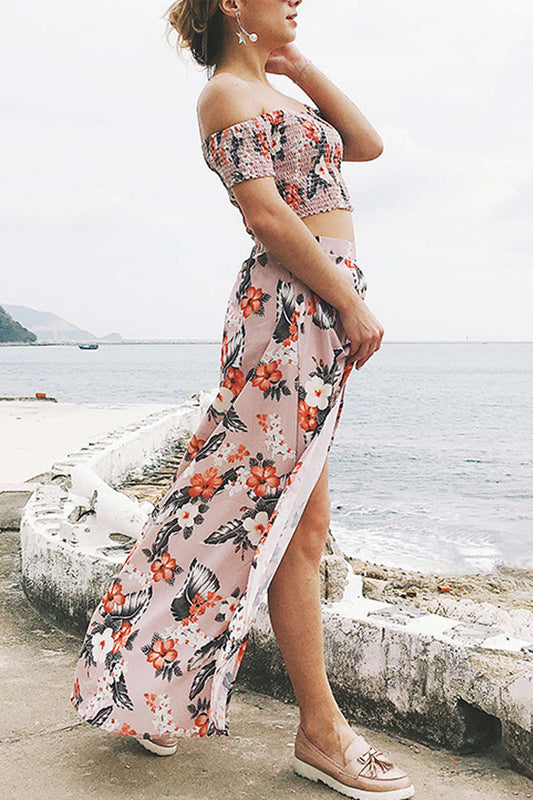 Iyasson Women's Floral Print Off-Shoulder Two Piece Maxi Dress