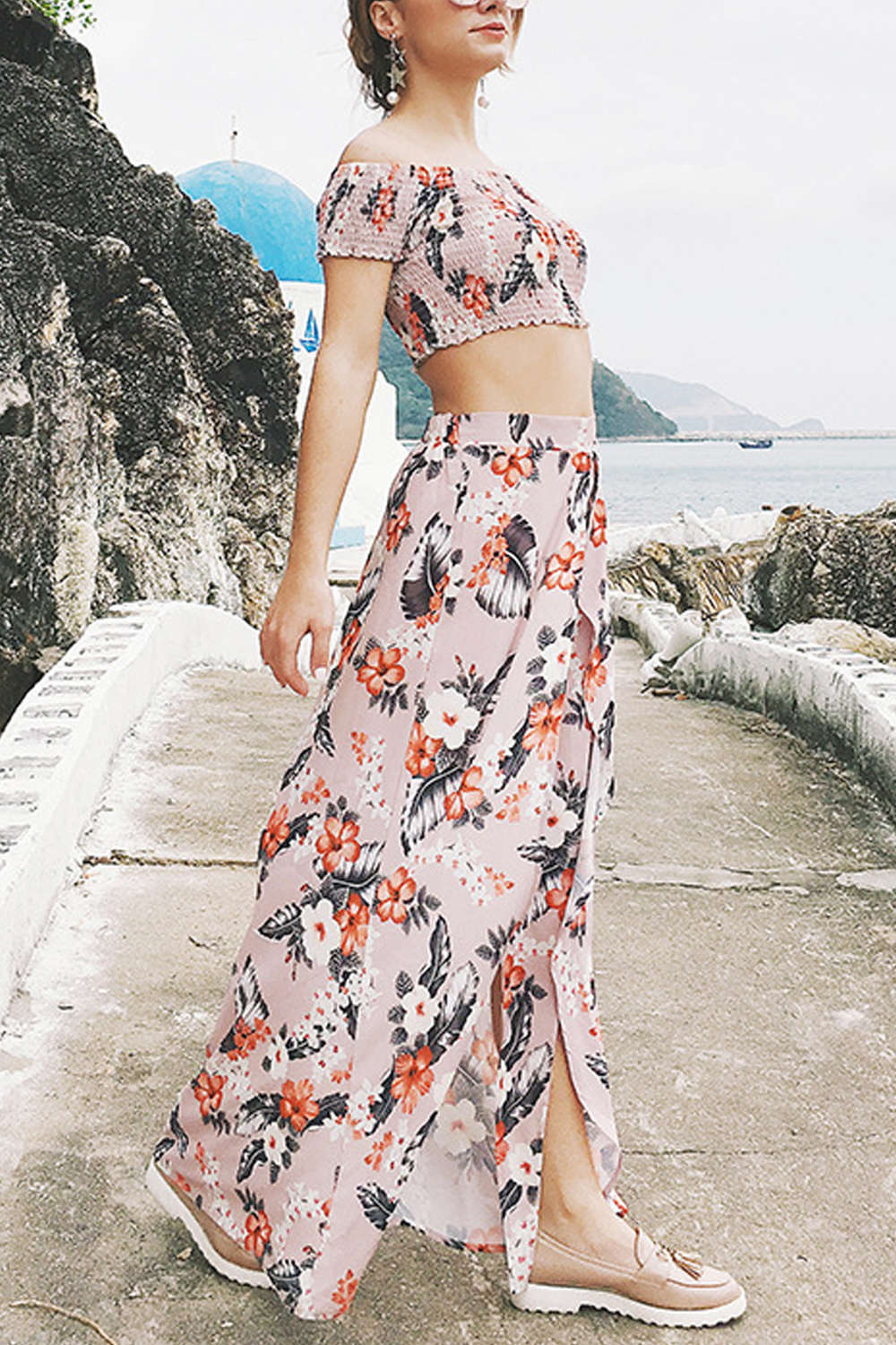 Iyasson Women's Floral Print Off-Shoulder Two Piece Maxi Dress