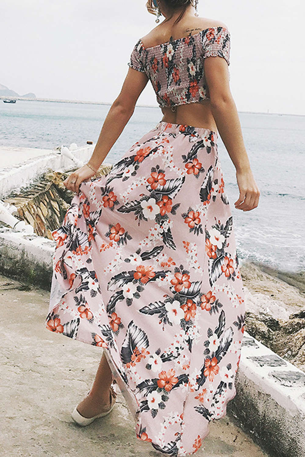 Iyasson Women's Floral Print Off-Shoulder Two Piece Maxi Dress