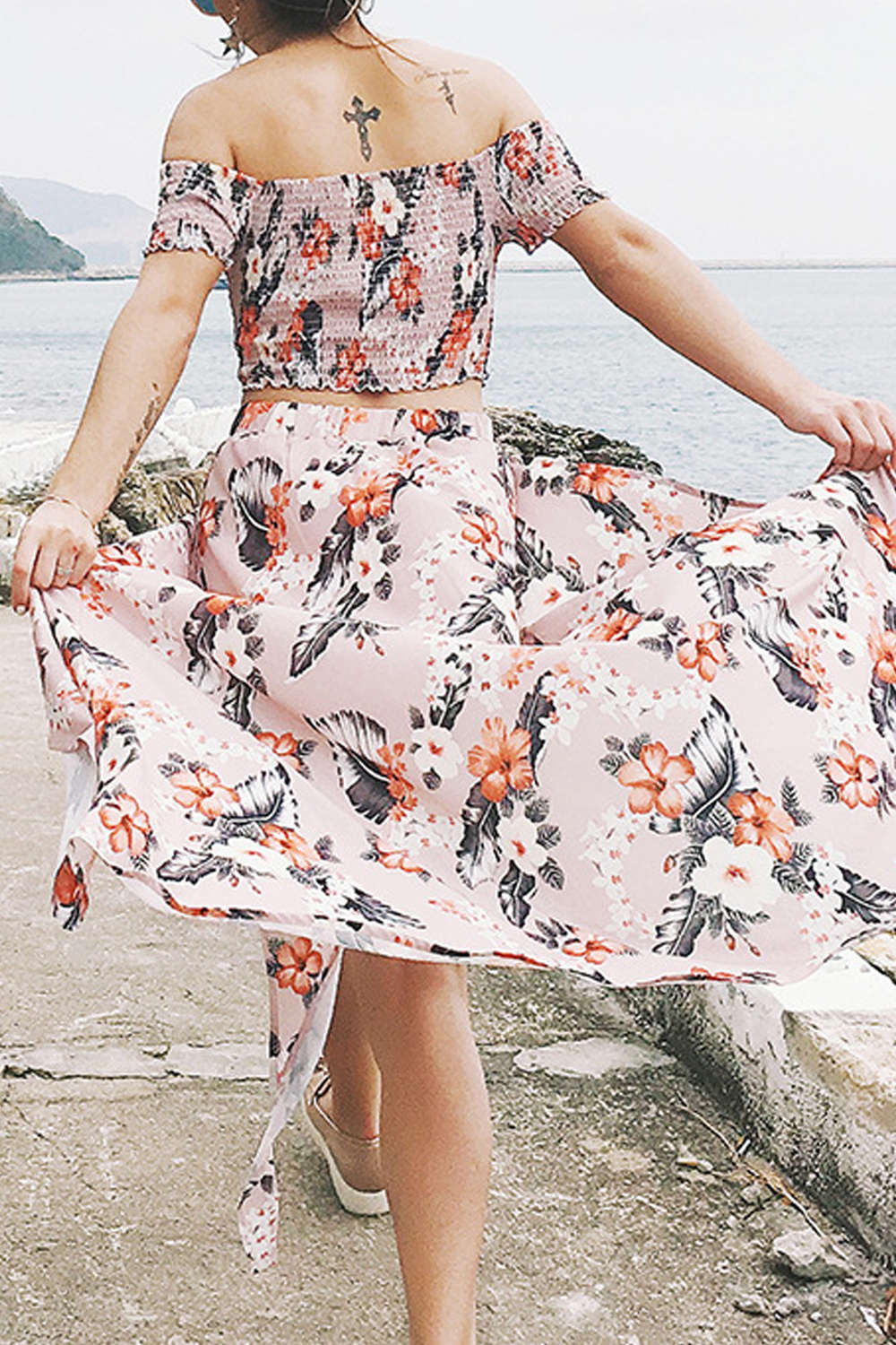 Iyasson Women's Floral Print Off-Shoulder Two Piece Maxi Dress