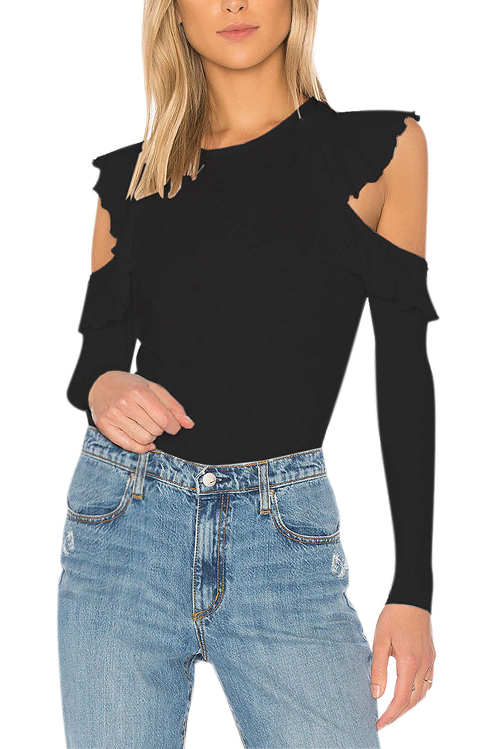Iyasson Women Round Neck Cold-Shoulder Ruffle T Shirt