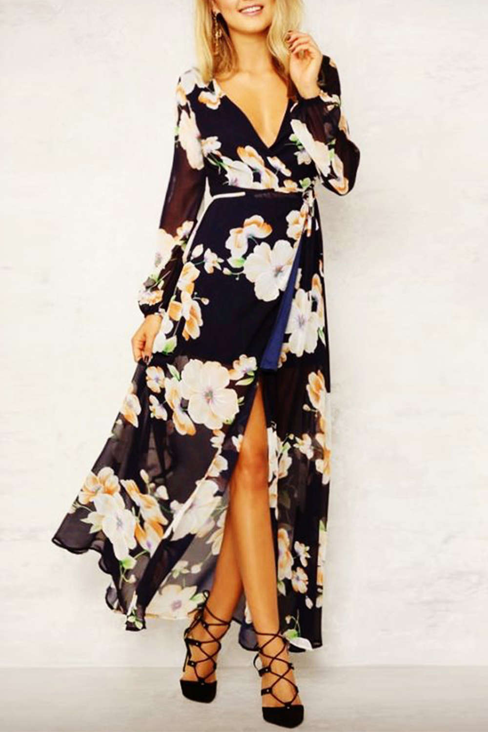 Iyasson Women Cross V-neck Floral Print Wrap Maxi Dress