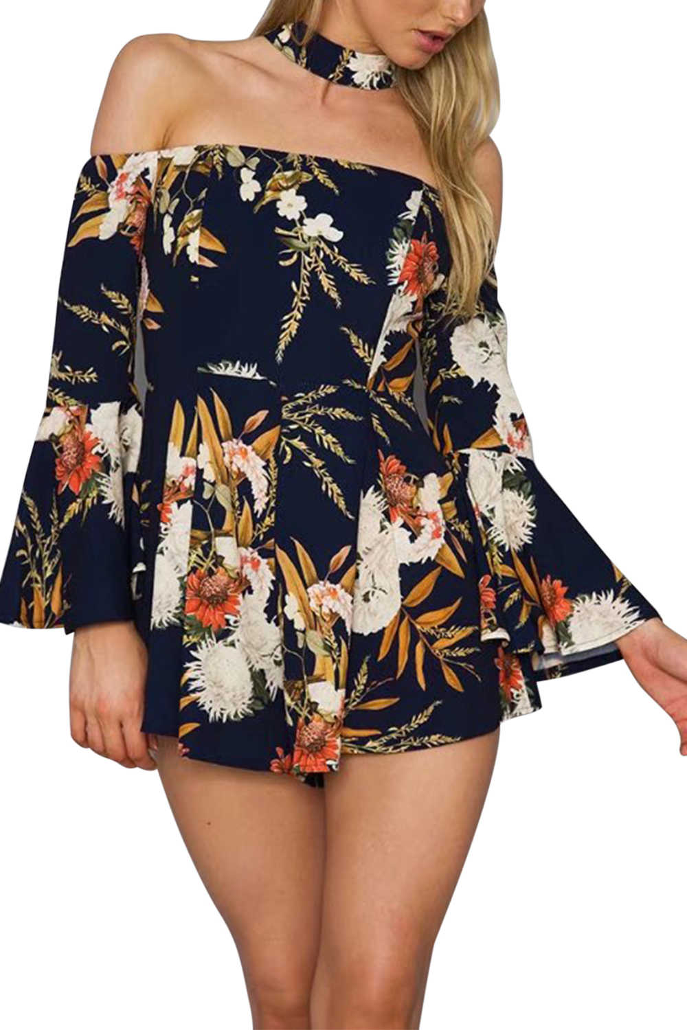 Iyasson Women Floral Print Off Shoulder Bell Sleeve Rompers