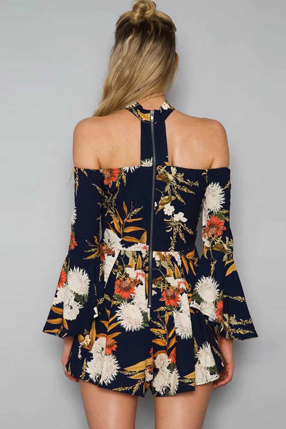 Iyasson Women Floral Print Off Shoulder Bell Sleeve Rompers