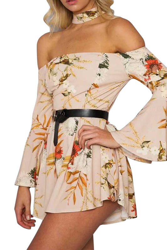 Iyasson Women Floral Print Off Shoulder Bell Sleeve Rompers