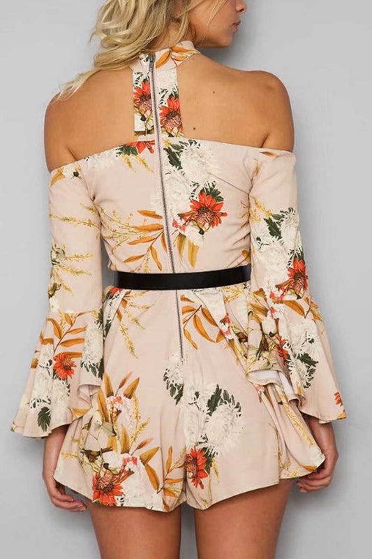 Iyasson Women Floral Print Off Shoulder Bell Sleeve Rompers