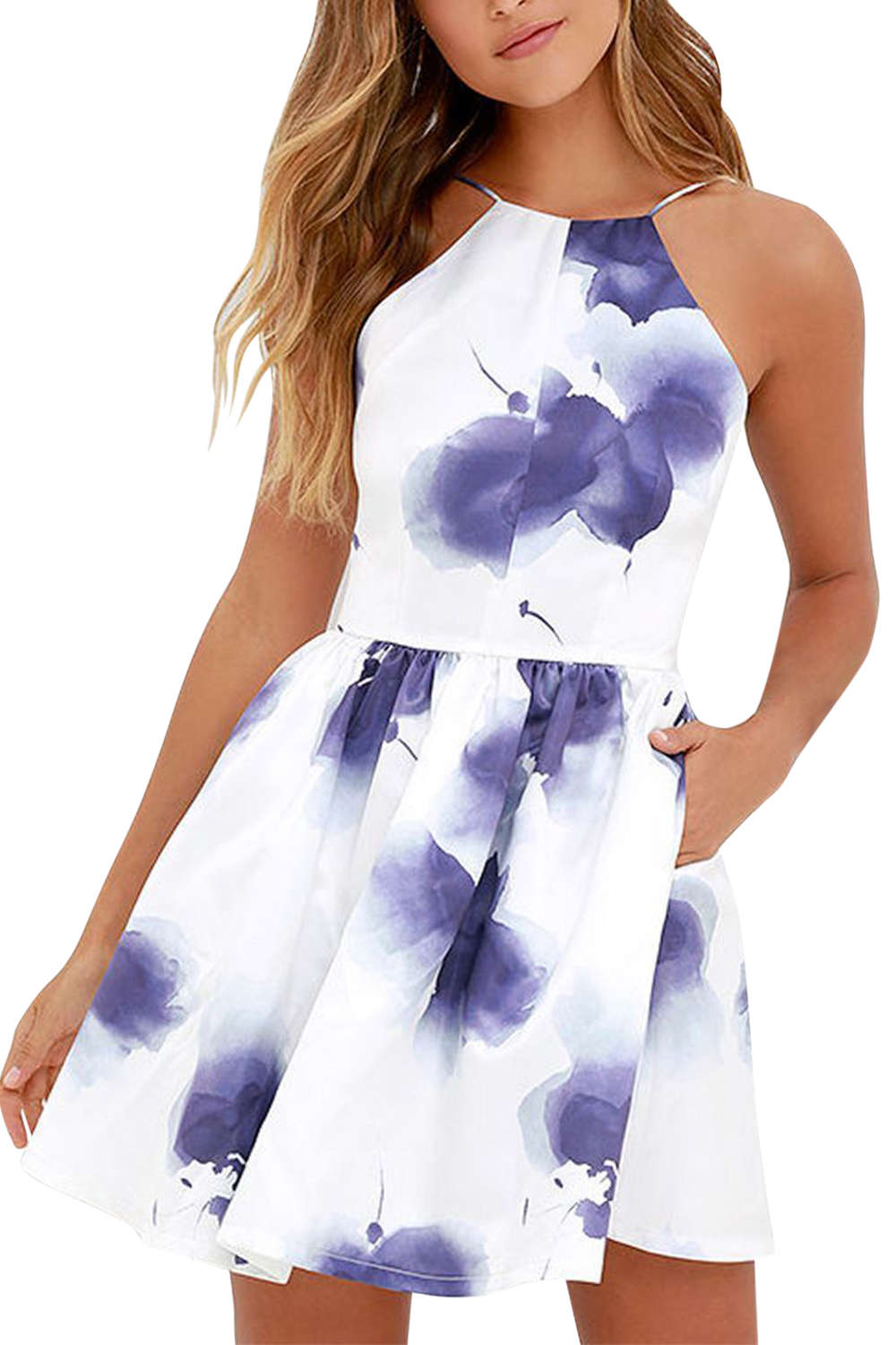 Iyasson Women Sexy Floral Sleeveless A-Line Mini Dress