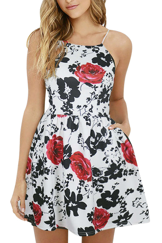 Iyasson Women Sexy Floral Sleeveless A-Line Mini Dress