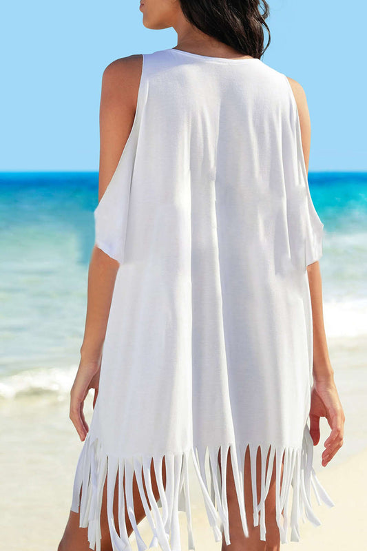 Iyasson Cold Shoulder V-neck Tassel Swim Cover-Up Dress