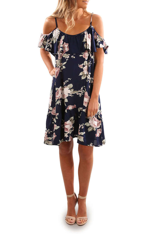 Iyasson Floral Printed Off Shoulder Ruffle Sleeves Mini Dress