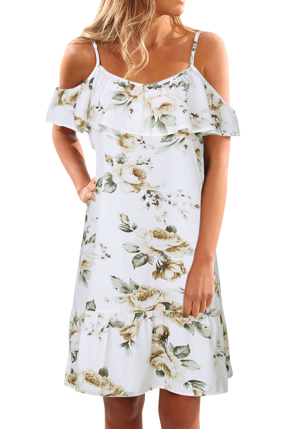 Iyasson Floral Printed Off Shoulder Ruffle Sleeves Mini Dress