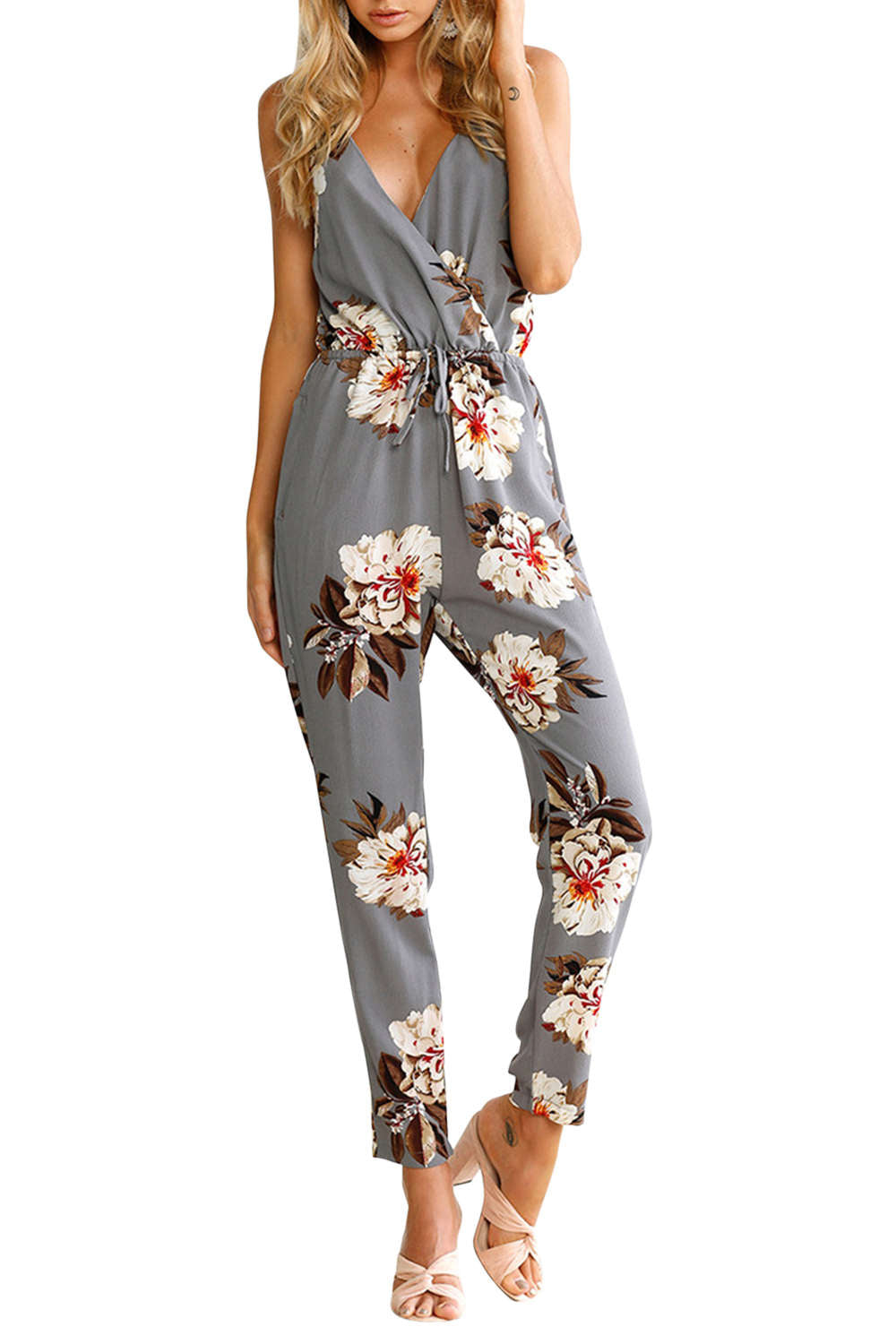 Iyasson Sleeveless Backless Floral Printed Jumpsuit