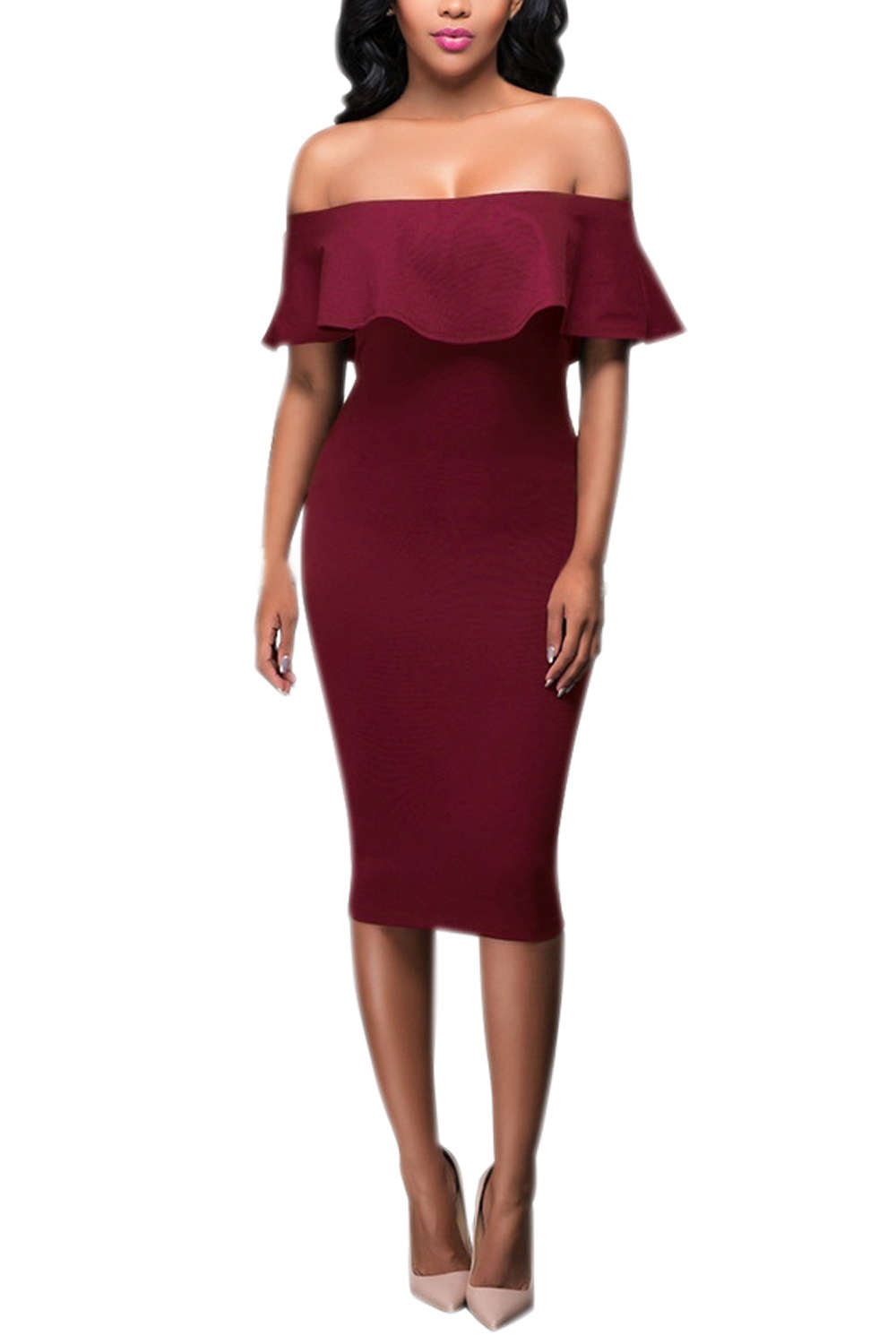 Iyasson Off Shoulder Falbala Bodycon Dress