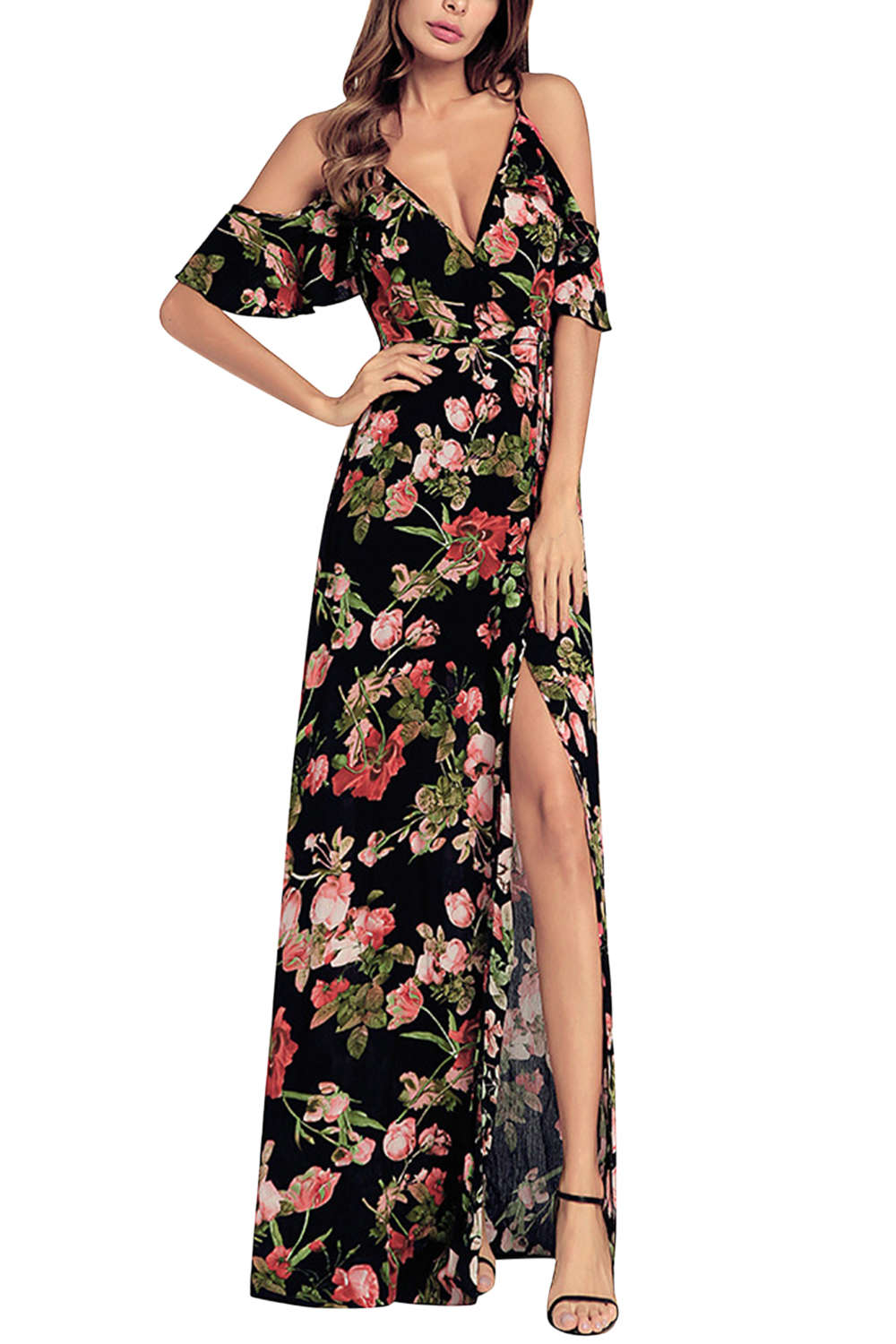  Iyasson V Neck Floral Print Off Shoulder Maxi Dress 