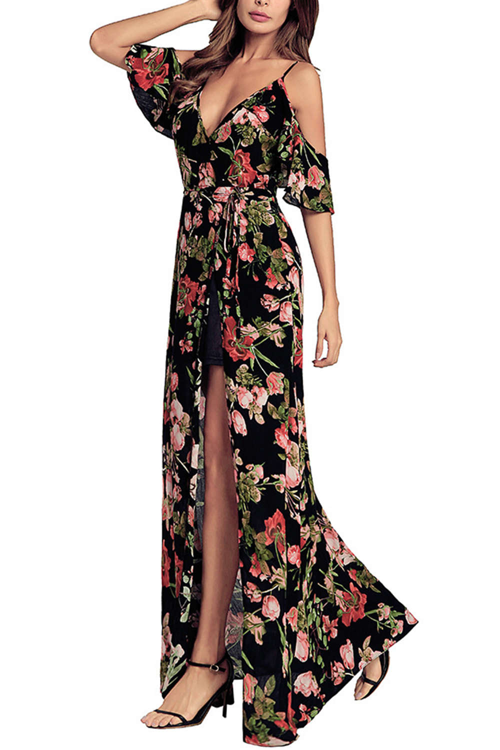  Iyasson V Neck Floral Print Off Shoulder Maxi Dress 