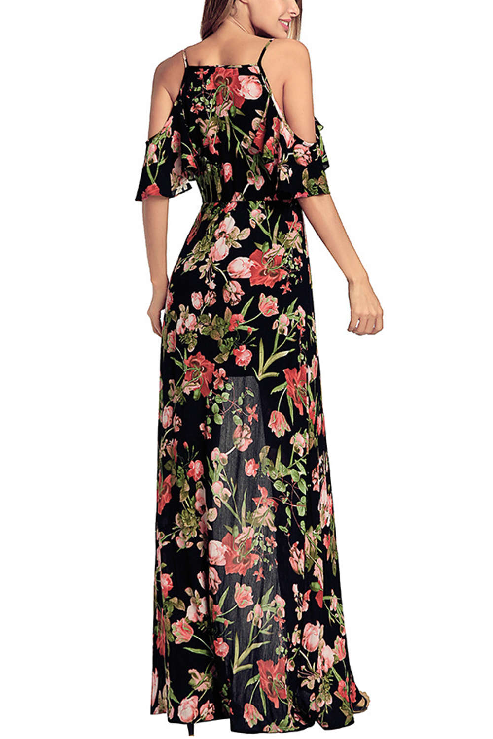  Iyasson V Neck Floral Print Off Shoulder Maxi Dress 