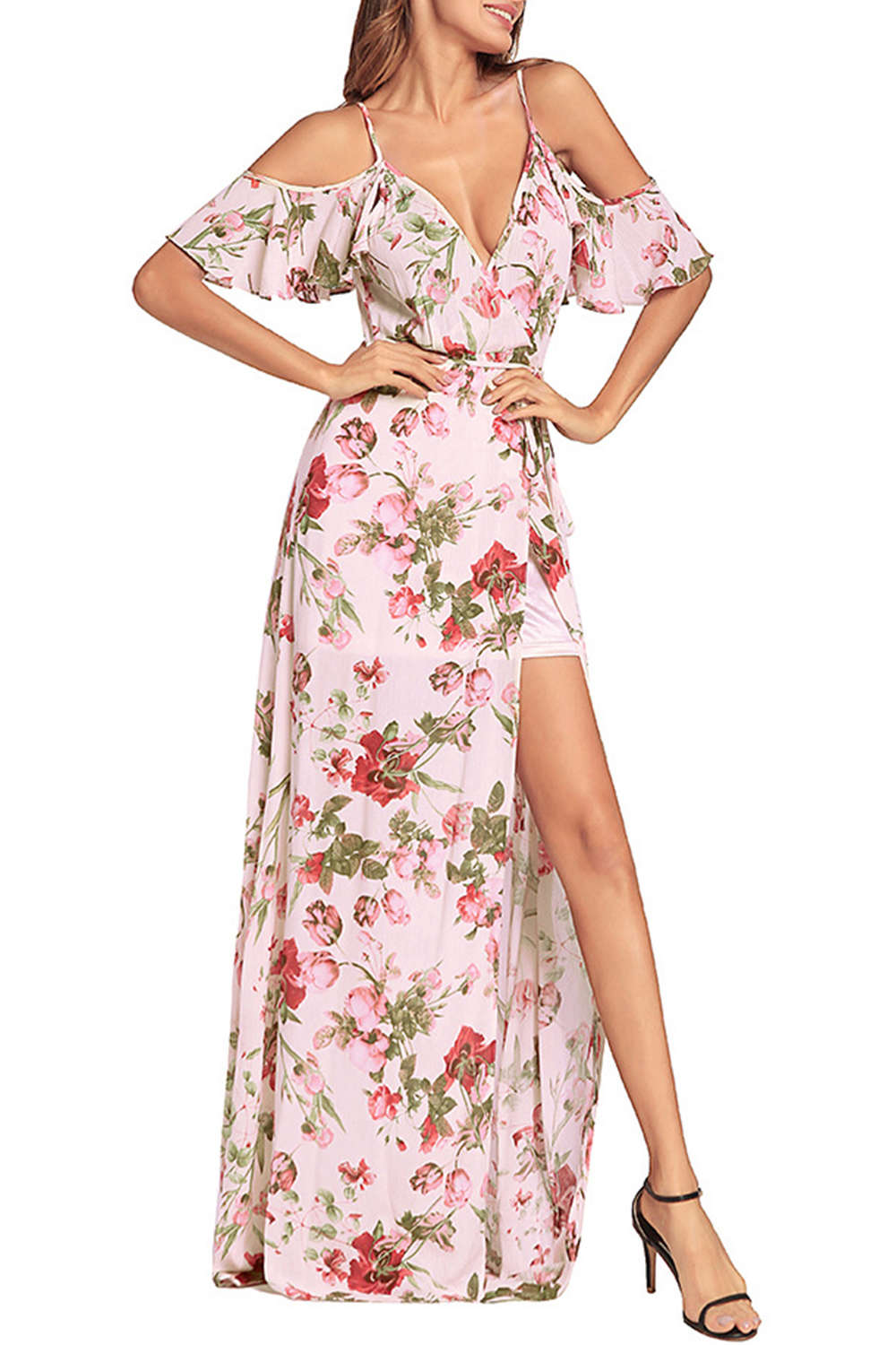  Iyasson V Neck Floral Print Off Shoulder Maxi Dress 