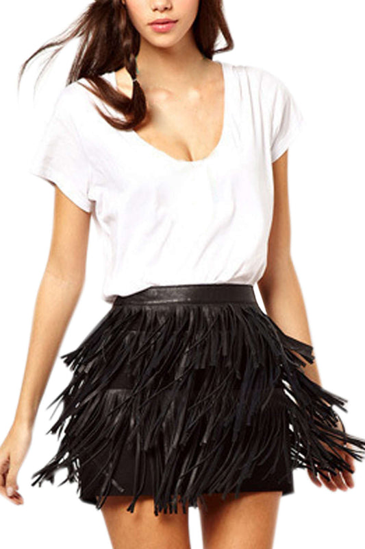 Iyasson Tassel Tiered Faux Leather Mini Skirt